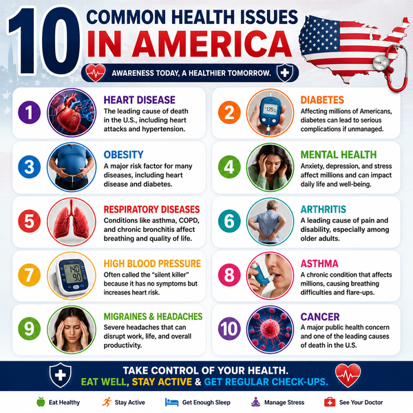 10 common health issues in America infographic featuring heart disease, diabetes, obesity, mental health, cancer, and preventive healthcare tips.