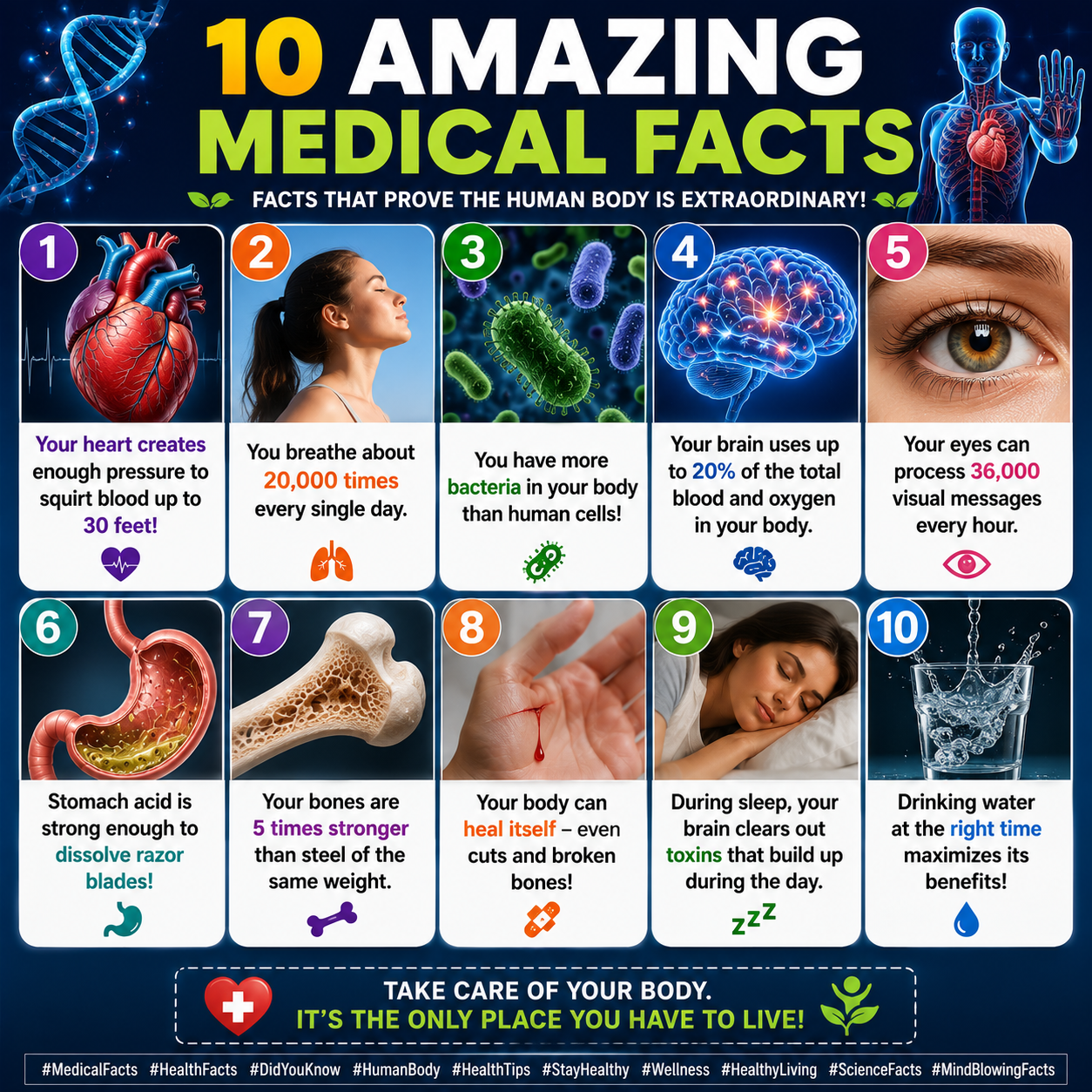 Mind-blowing medical facts infographic featuring human body health facts, brain function, heart health, sleep science, and wellness education for USA and UK audiences.
