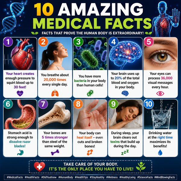 Mind-blowing medical facts infographic featuring human body health facts, brain function, heart health, sleep science, and wellness education for USA and UK audiences.