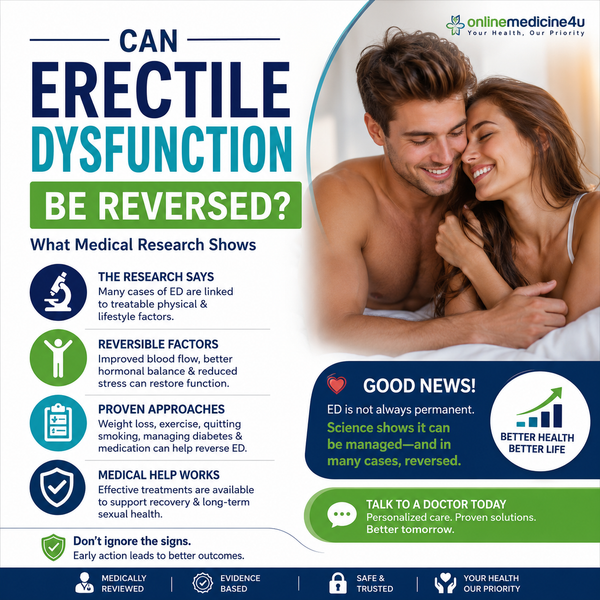 Can erectile dysfunction be reversed infographic explaining ED causes, lifestyle changes and evidence-based treatment options for men in the USA and UK