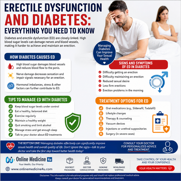 Man learning about the connection between erectile dysfunction and diabetes with heart health, blood sugar monitoring, healthy lifestyle, and medical consultation illustrations.