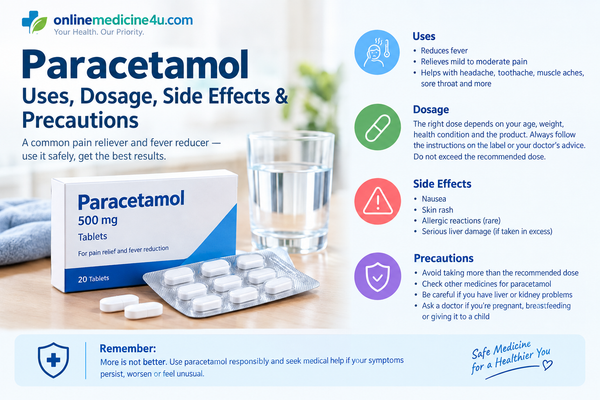 Paracetamol tablets and medicine packaging for pain relief and fever management