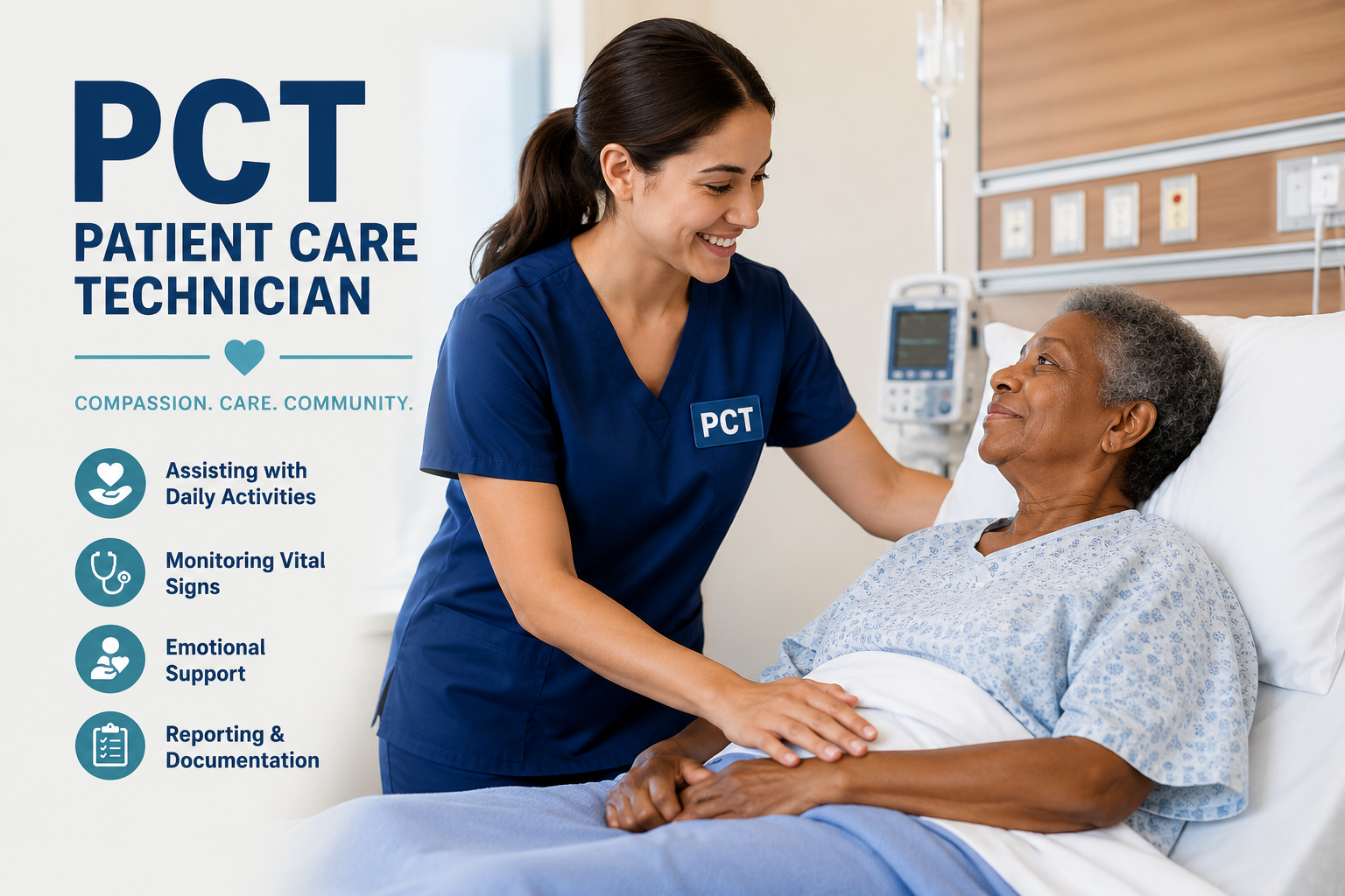 PCT Patient Care Technician assisting elderly hospital patient with compassionate healthcare support, vital signs monitoring, bedside care, and nursing assistance in modern medical clinic for USA and UK healthcare blog ranking