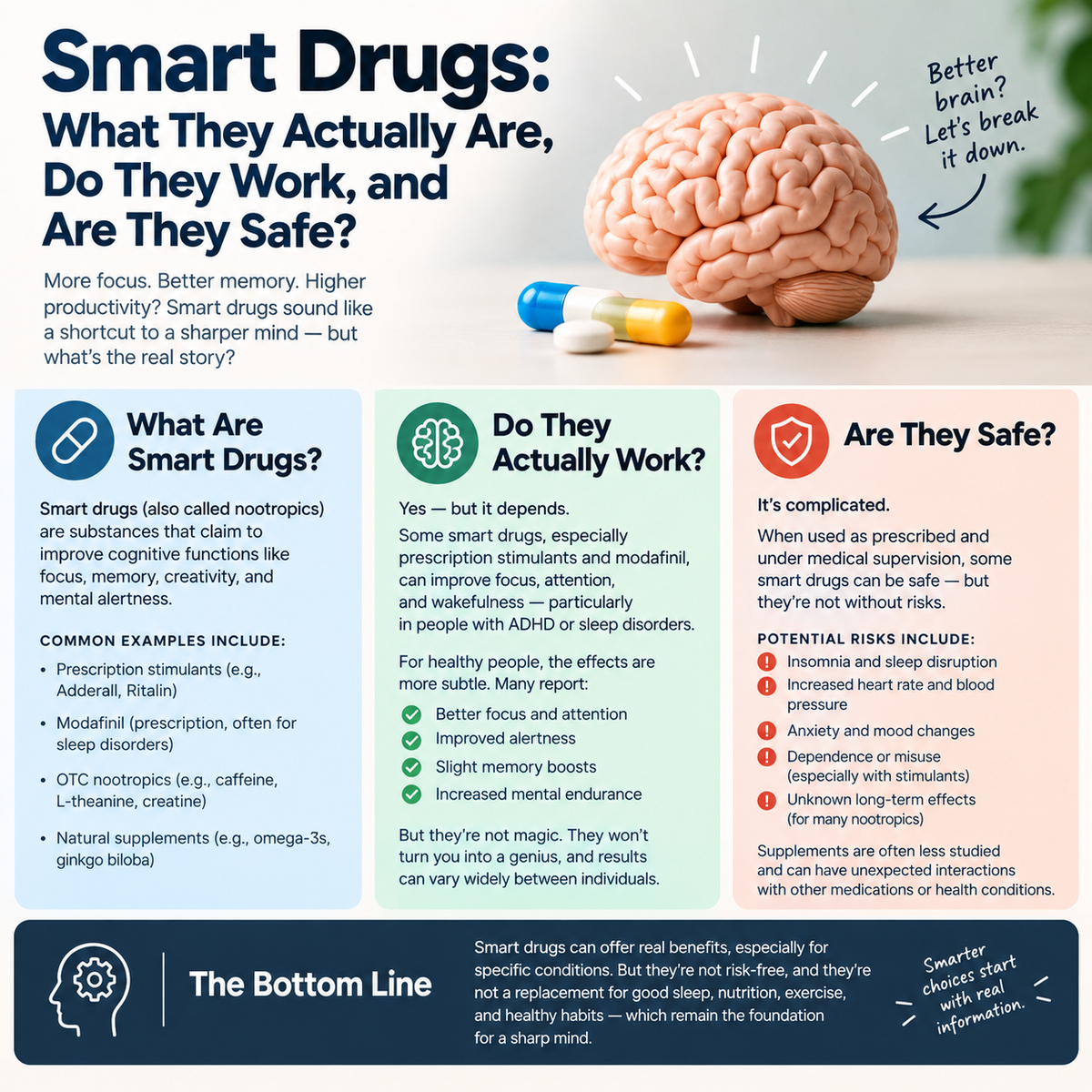 Illustration of a human brain surrounded by focus and clarity icons,  representing the topic of smart drugs and cognitive enhancement