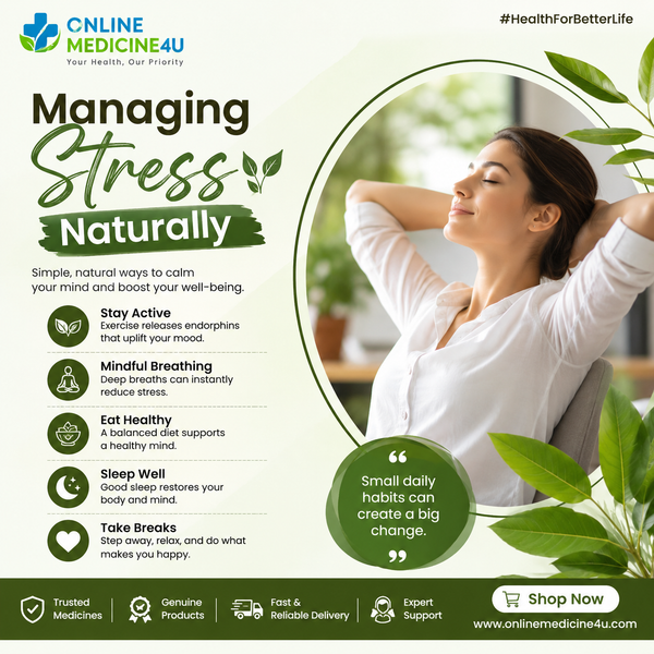 "Managing Stress Naturally infographic by OnlineMedicine4U featuring mindfulness, healthy eating, exercise, hydration, and quality sleep to support better mental well-being."