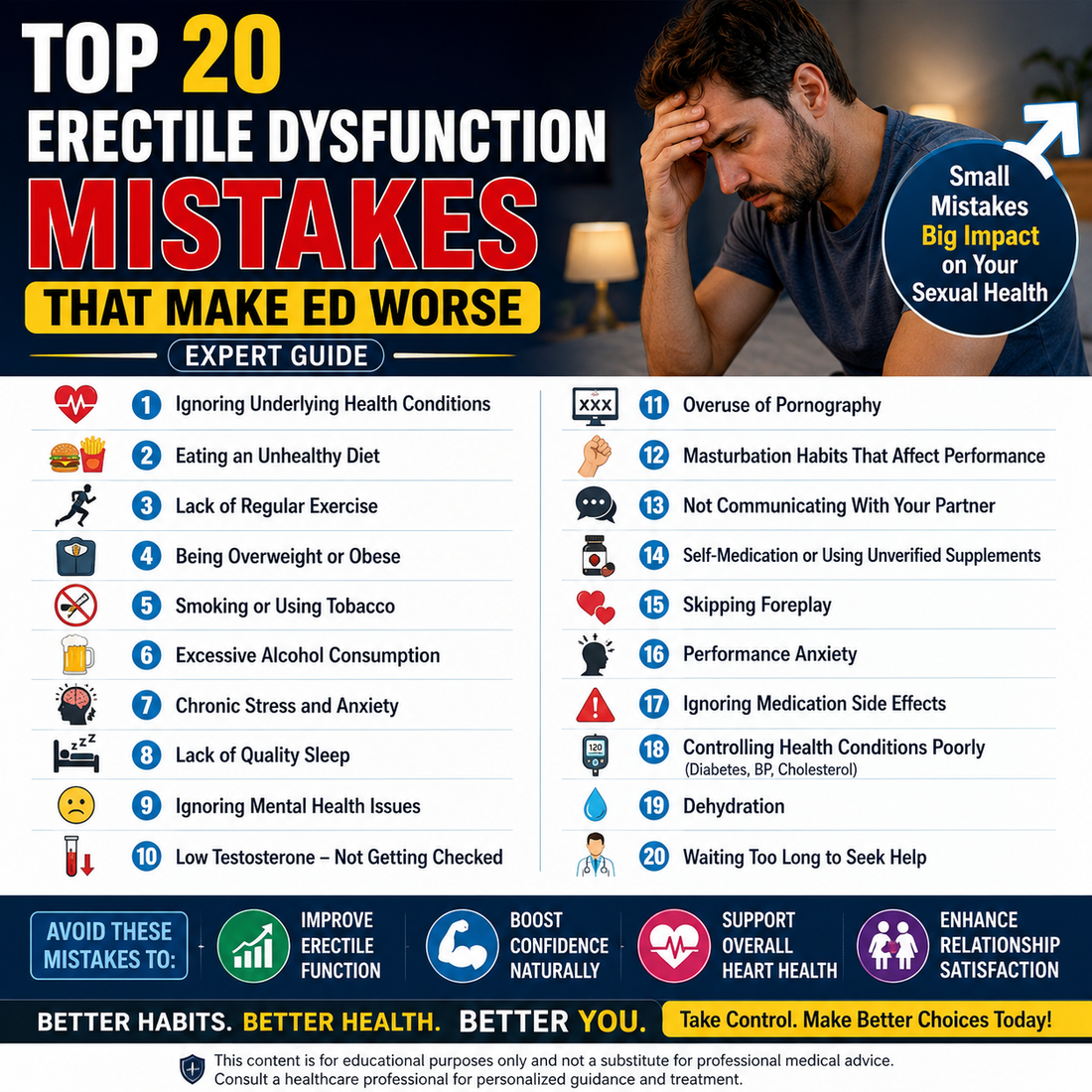 Top 20 erectile dysfunction mistakes infographic with expert tips for better men's sexual health in the USA and UK.
