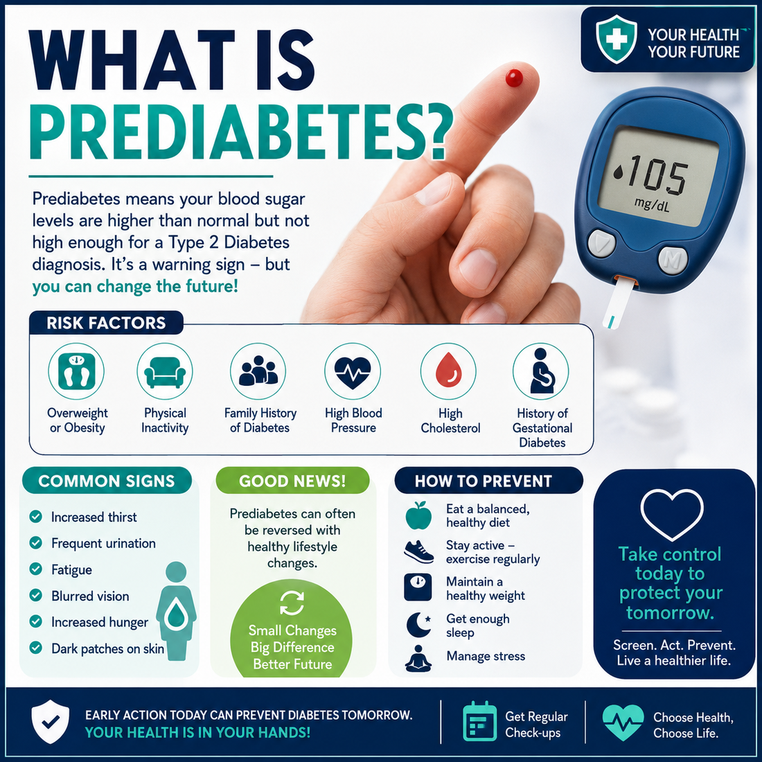 Prediabetes awareness infographic showing symptoms, causes, risk factors, blood sugar monitoring, prevention tips, healthy lifestyle changes, and Type 2 diabetes prevention guidance.