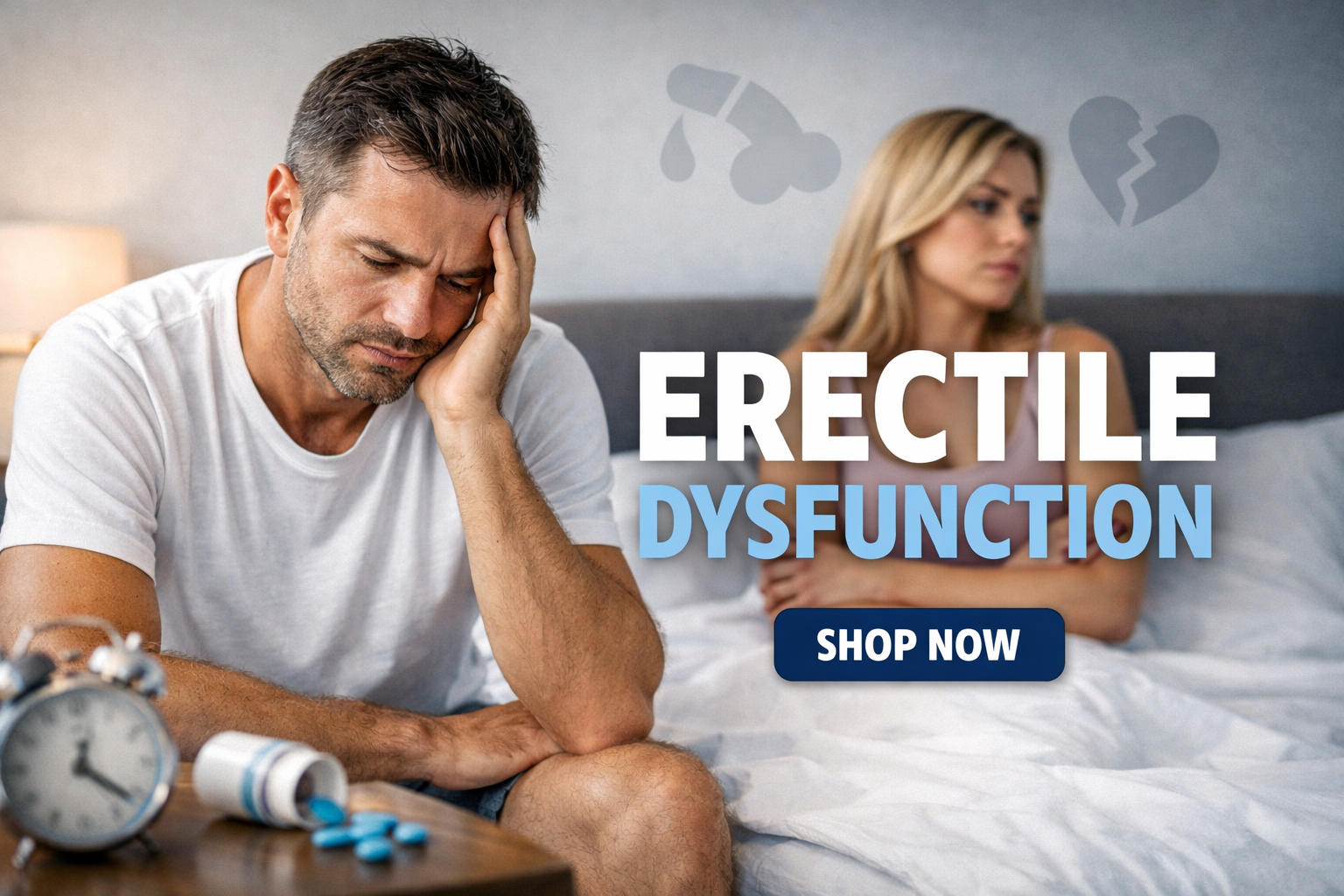 Couple in bedroom showing emotional stress related to erectile dysfunction and men's health.