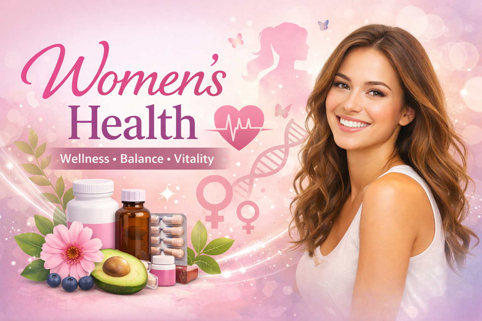 Women’s health supplements and wellness products collection banner with vitamins, capsules, and healthy lifestyle concept.