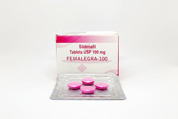 Femalegra 100mg Sildenafil Citrate tablets product packaging for women's sexual health medicine information, dosage, uses and safety.