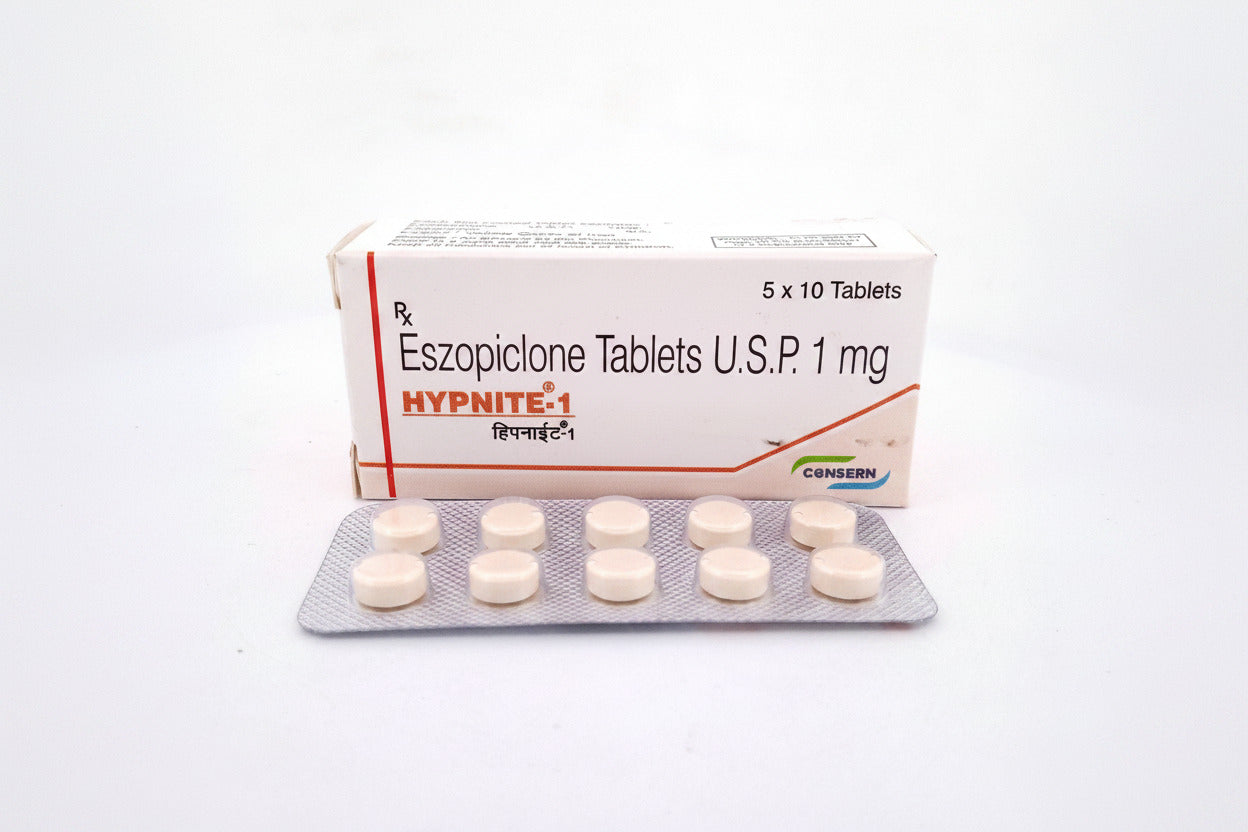 Hypnite 1mg Eszopiclone tablets for insomnia treatment in adults, product packaging image and prescription sleep medicine information for USA and UK.