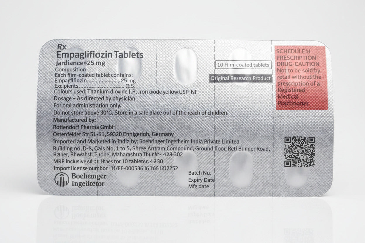 Jardiance 25mg Empagliflozin tablets for Type 2 diabetes and blood sugar management, product packaging image for USA and UK.