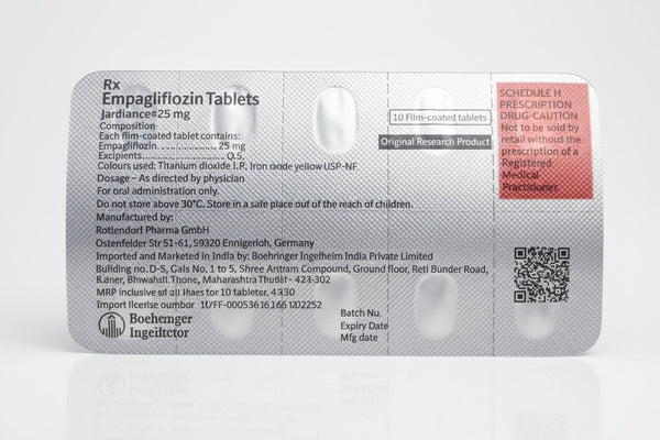 Jardiance 25mg Empagliflozin tablets for Type 2 diabetes and blood sugar management, product packaging image for USA and UK.