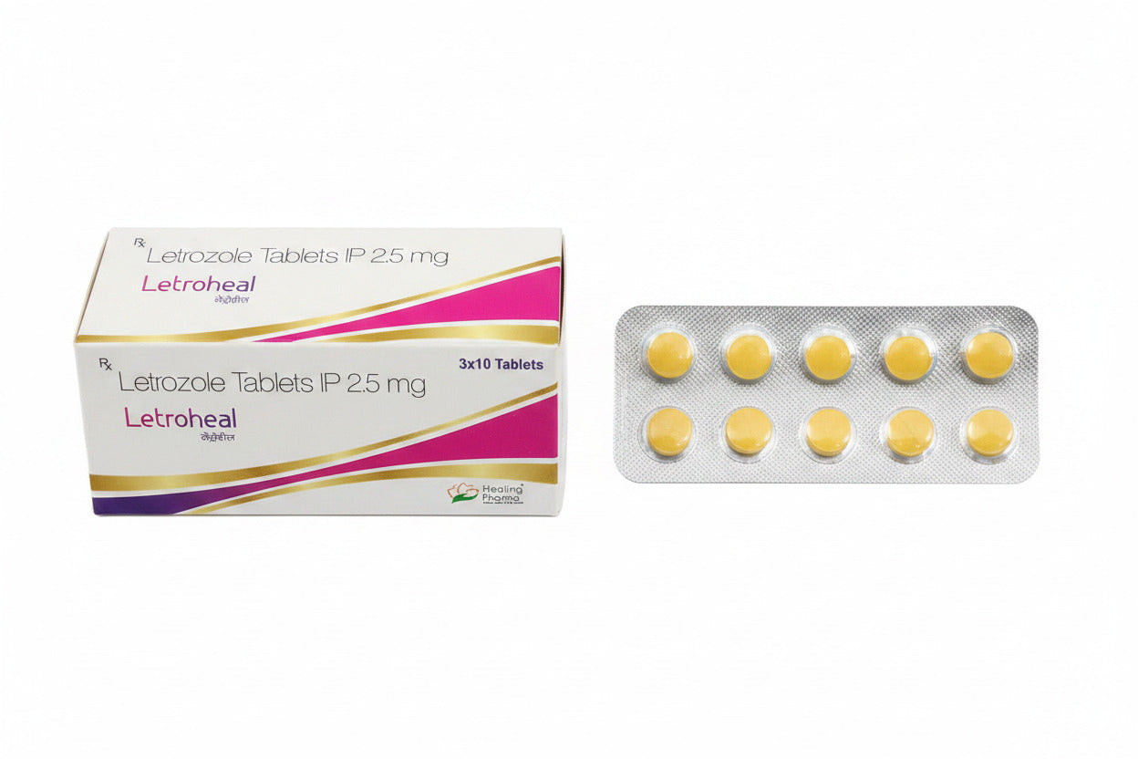 Letroheal 2.5mg Letrozole tablets for hormone-responsive breast cancer treatment, product packaging image for USA and UK.