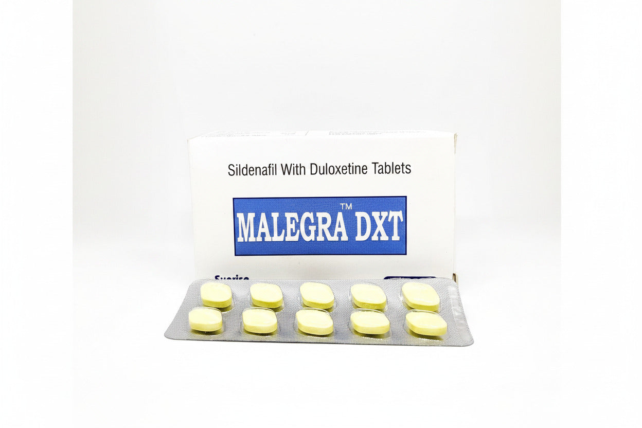 Malegra DXT 100/30mg Sildenafil Citrate and Duloxetine tablets product packaging for erectile dysfunction and premature ejaculation medicine information.