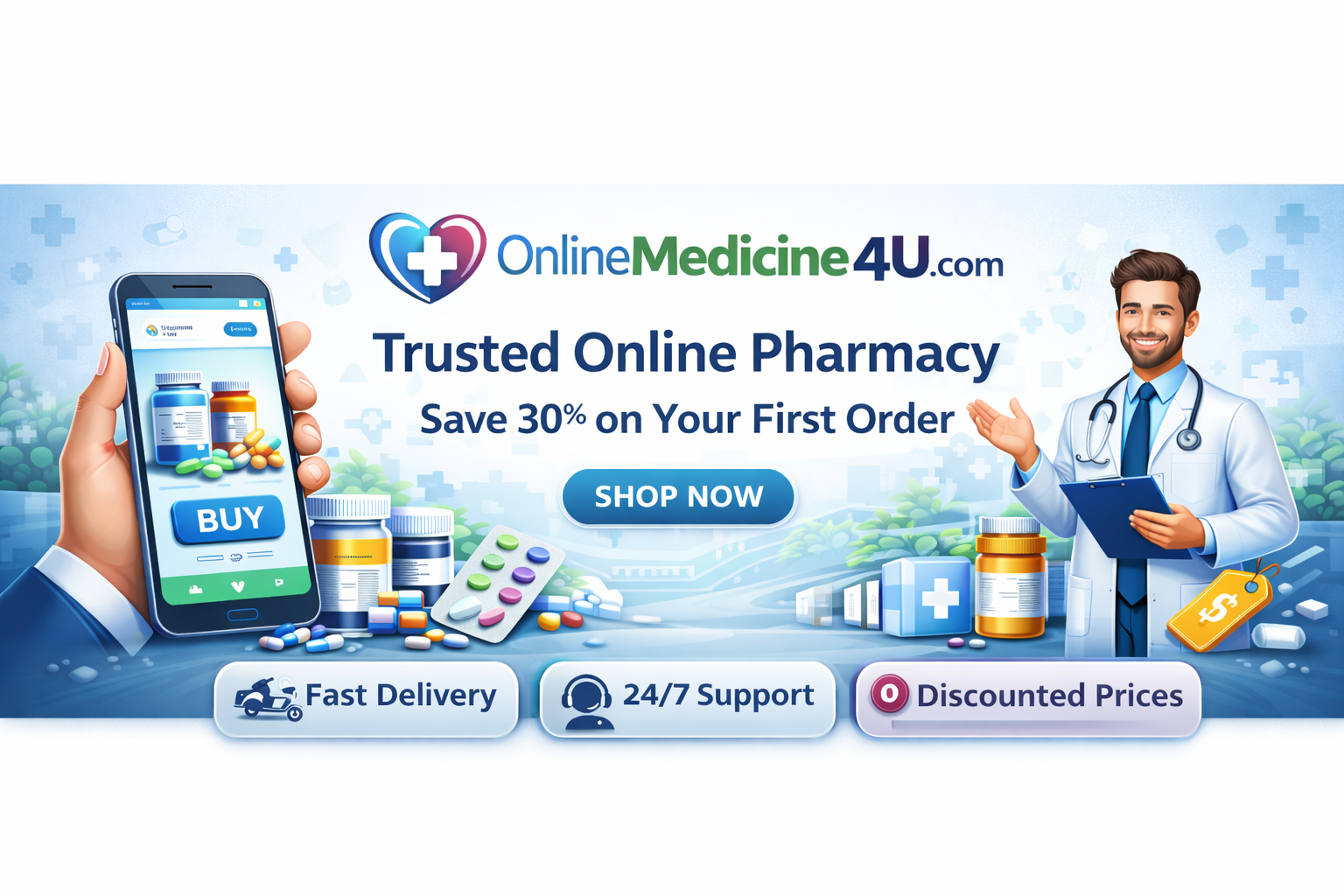 Advertisement for Online Medicine 4 U, a trusted online pharmacy with promotional text and images of a doctor and smartphone.