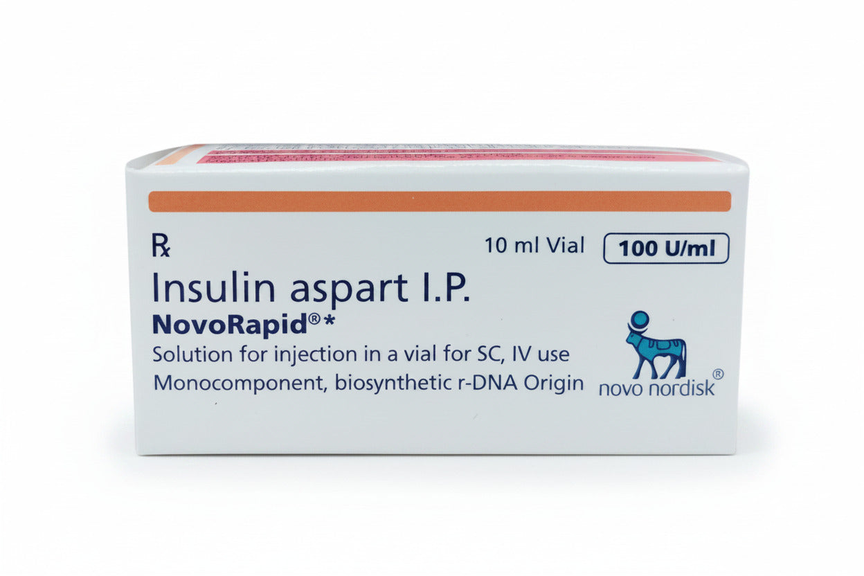 NovoRapid 10ml Insulin Aspart injection vial for blood sugar control in Type 1 and Type 2 diabetes, product packaging image optimized for USA and UK Google search.