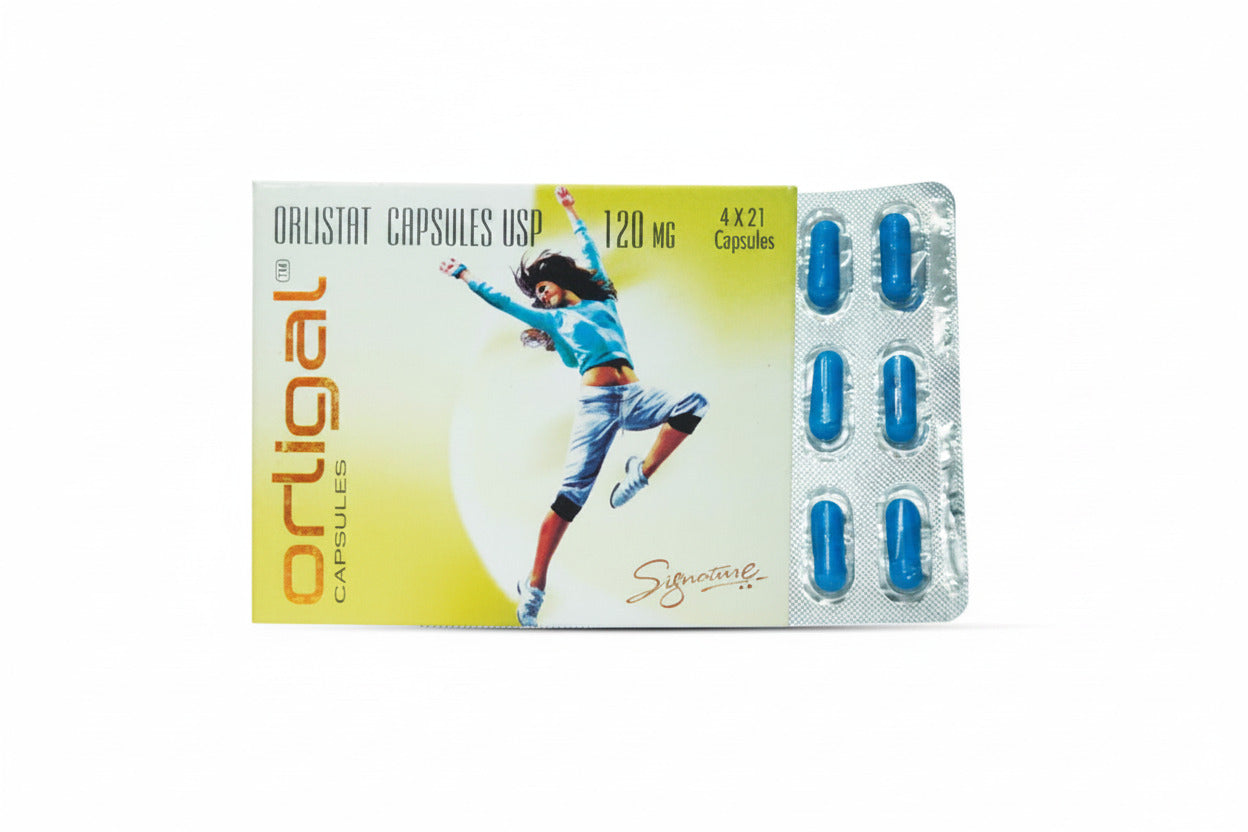 Orligal 120mg Orlistat capsules used for weight loss and obesity management with product packaging for USA and UK.