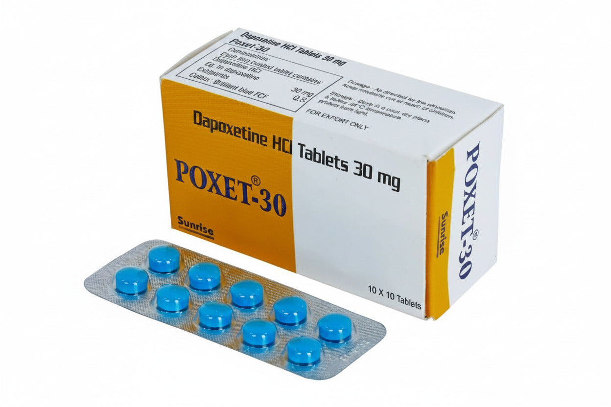 Poxet 30mg Dapoxetine tablets product packaging for premature ejaculation treatment and adult men’s sexual health medicine information.