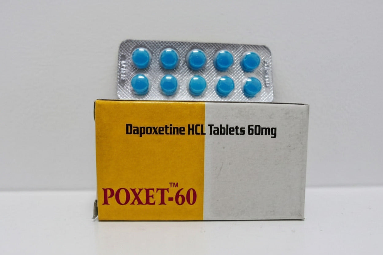 Poxet 60mg Dapoxetine tablets product packaging for premature ejaculation treatment information and adult men’s sexual health.