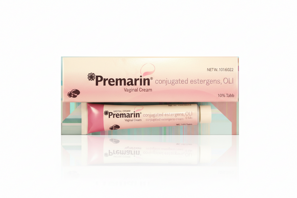 Premarin Cream (conjugated estrogens vaginal cream) tube and packaging used for treatment of menopausal vaginal symptoms.