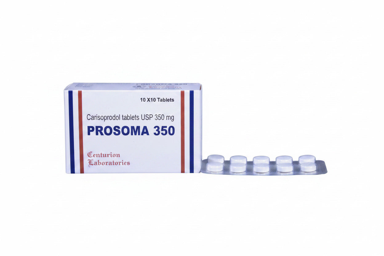Prosoma 350mg Carisoprodol tablets for muscle pain relief, muscle spasms, back pain treatment, and musculoskeletal discomfort management.
