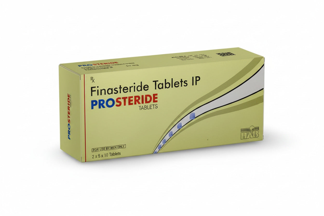 Prosteride 5mg Finasteride tablets for benign prostatic hyperplasia (BPH) in product packaging.