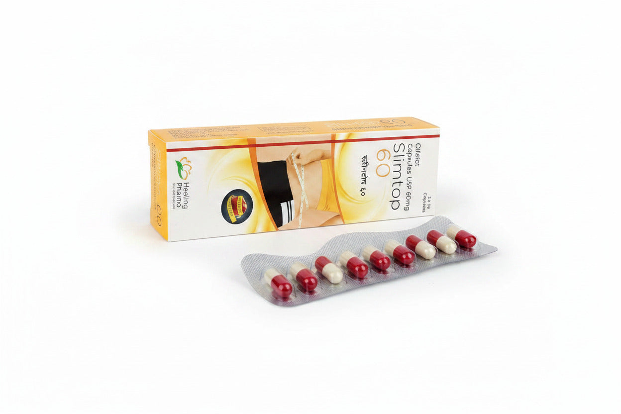 Slimtop 60 mg Orlistat capsules for weight loss and weight management, product packaging image optimized for USA and UK Google search results.