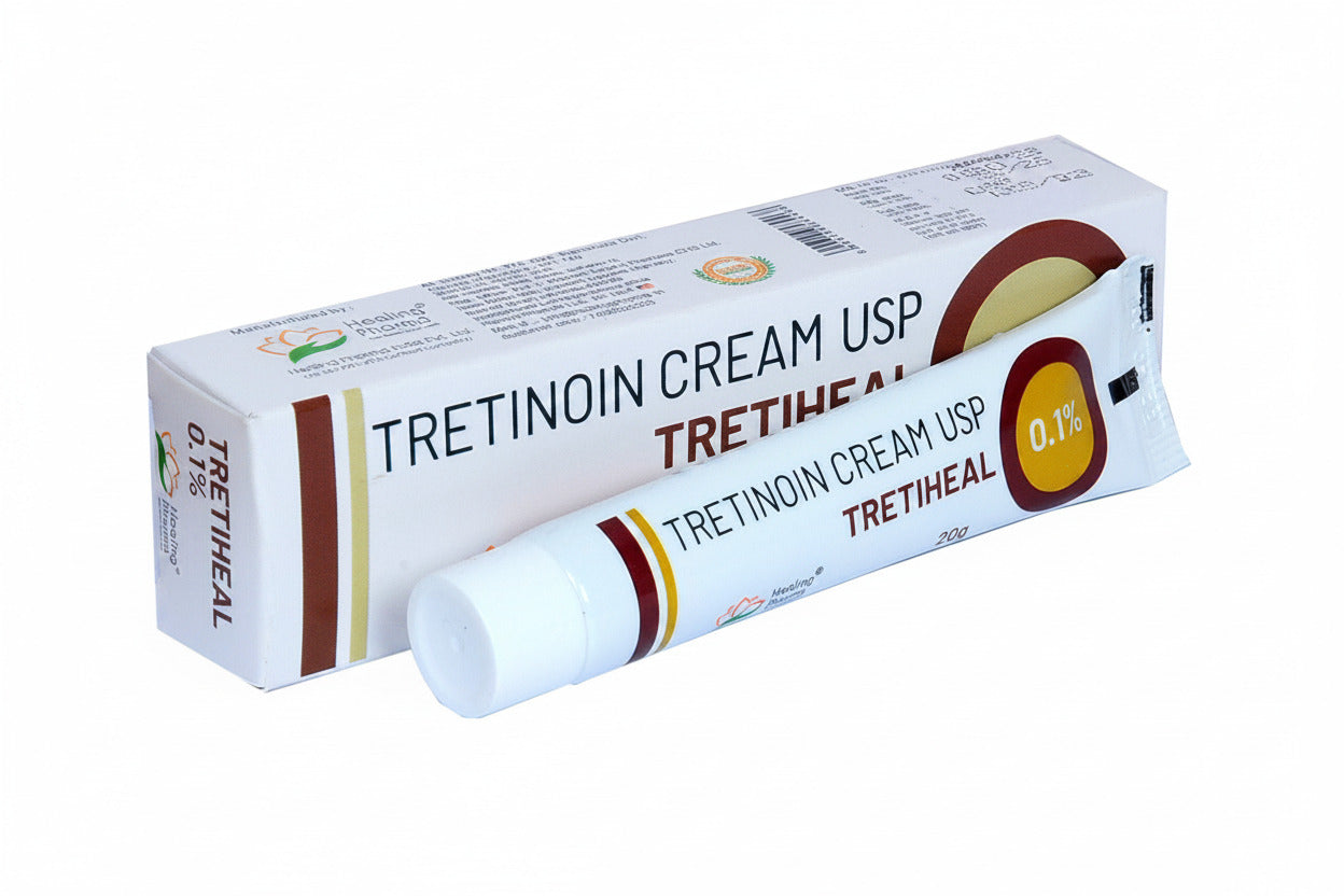 Tretiheal 20gm 0.1% Tretinoin cream tube for acne treatment, anti-aging skincare, topical retinoid medicine information and safe dermatology use.