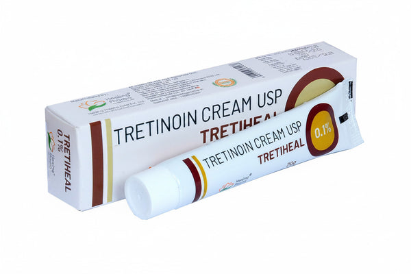 Tretiheal 20gm 0.1% Tretinoin cream tube for acne treatment, anti-aging skincare, topical retinoid medicine information and safe dermatology use.