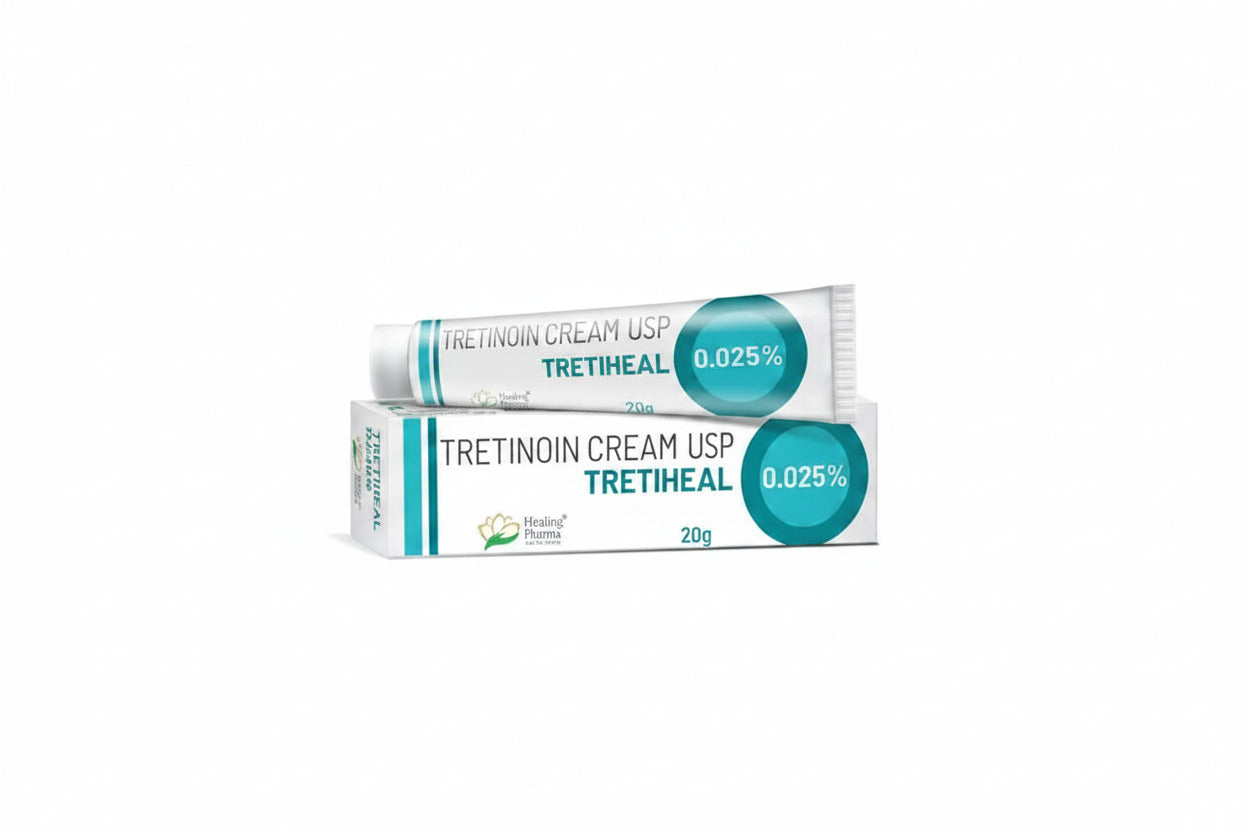 Tretiheal Cream 0.025% Tretinoin Cream USP for acne treatment, anti-aging skincare, fine lines, dark spots, photoaged skin and dermatologist-prescribed topical retinoid worldwide.