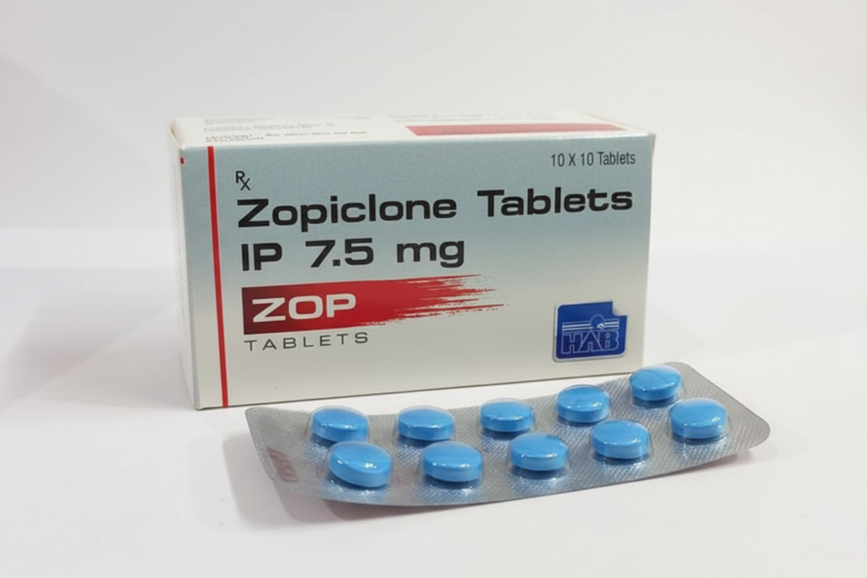 ZOP 7.5mg Zopiclone tablets for short-term insomnia and sleep disorder treatment, product packaging image for USA and UK.