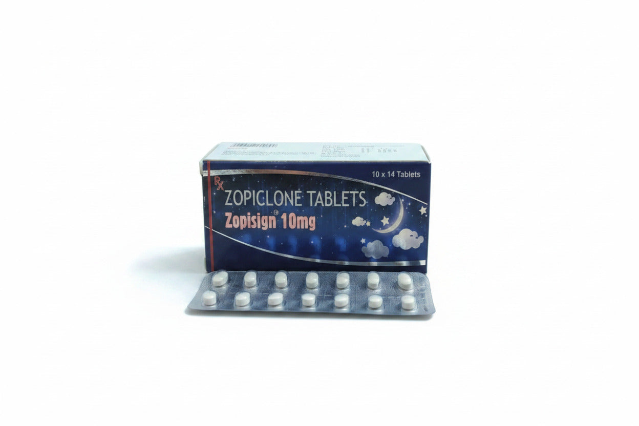 Zopisign 10mg Zopiclone tablets for short-term insomnia treatment in adults, product packaging image for medicine information in the USA and UK.