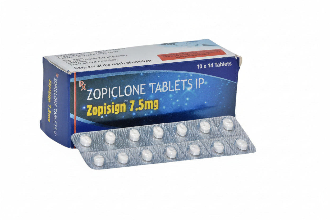 Zopisign 7.5mg Zopiclone tablets for short-term insomnia treatment in adults, product packaging image and medicine information for USA and UK.