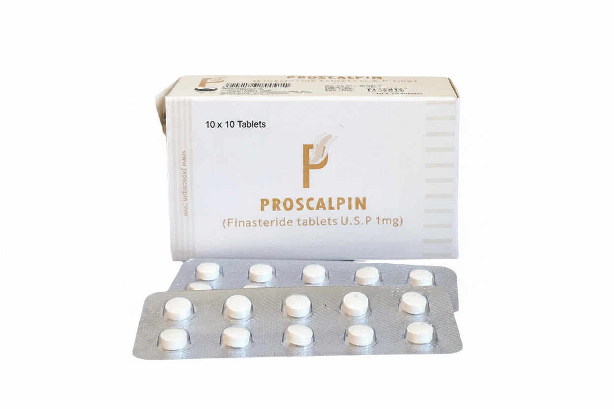 "Proscalpin 1 mg Finasteride tablets for hair loss treatment in product packaging."