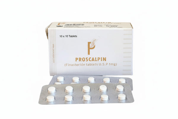 "Proscalpin 1 mg Finasteride tablets for hair loss treatment in product packaging."